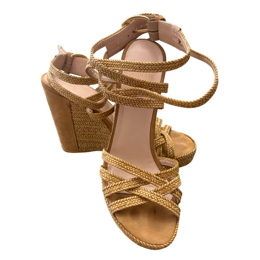 Stuart Weitzman Reins Wedge Sandals Womens Size 8 Tan Braided Leather Heels